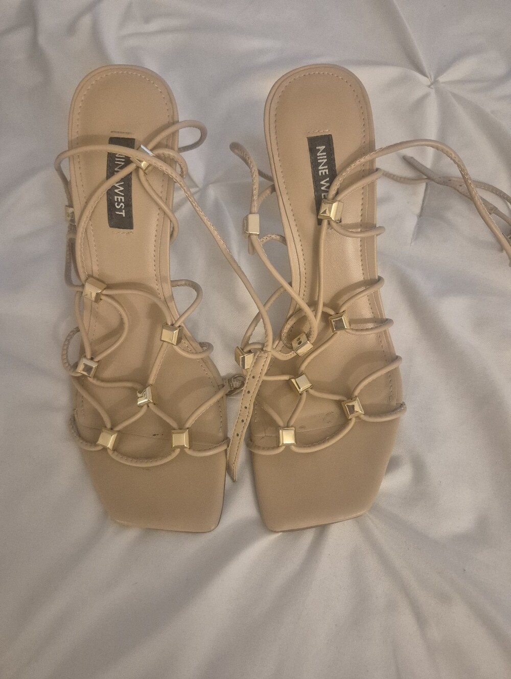 Nine West | Nude Lace-Up Gladiator Sandals with Gold Accents